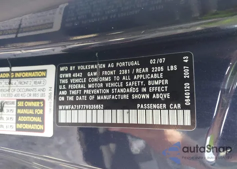 2007 Volkswagen Eos 2.0T from USA, damaged, VIN WVWFA71F77V035652